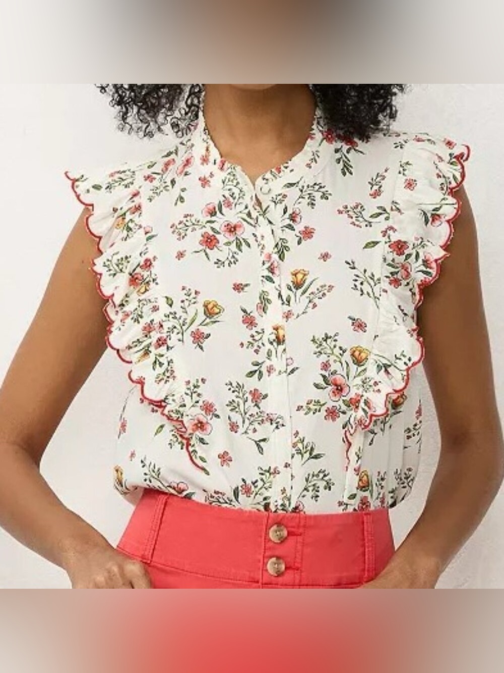 LC Lauren Conrad White Floral Scalloped Ruffle Cap-Sleeve Blouse